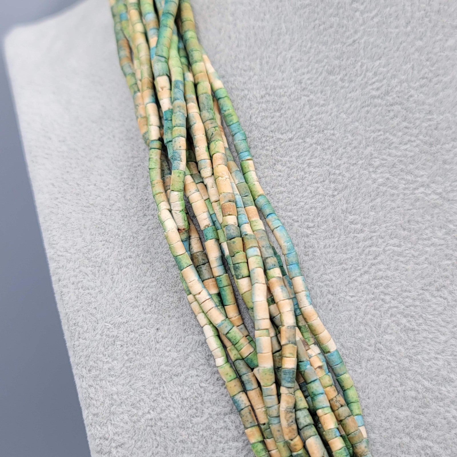 Multistrand Green Tan Bead Necklace Coconut Button Closure Adj 18"-20"