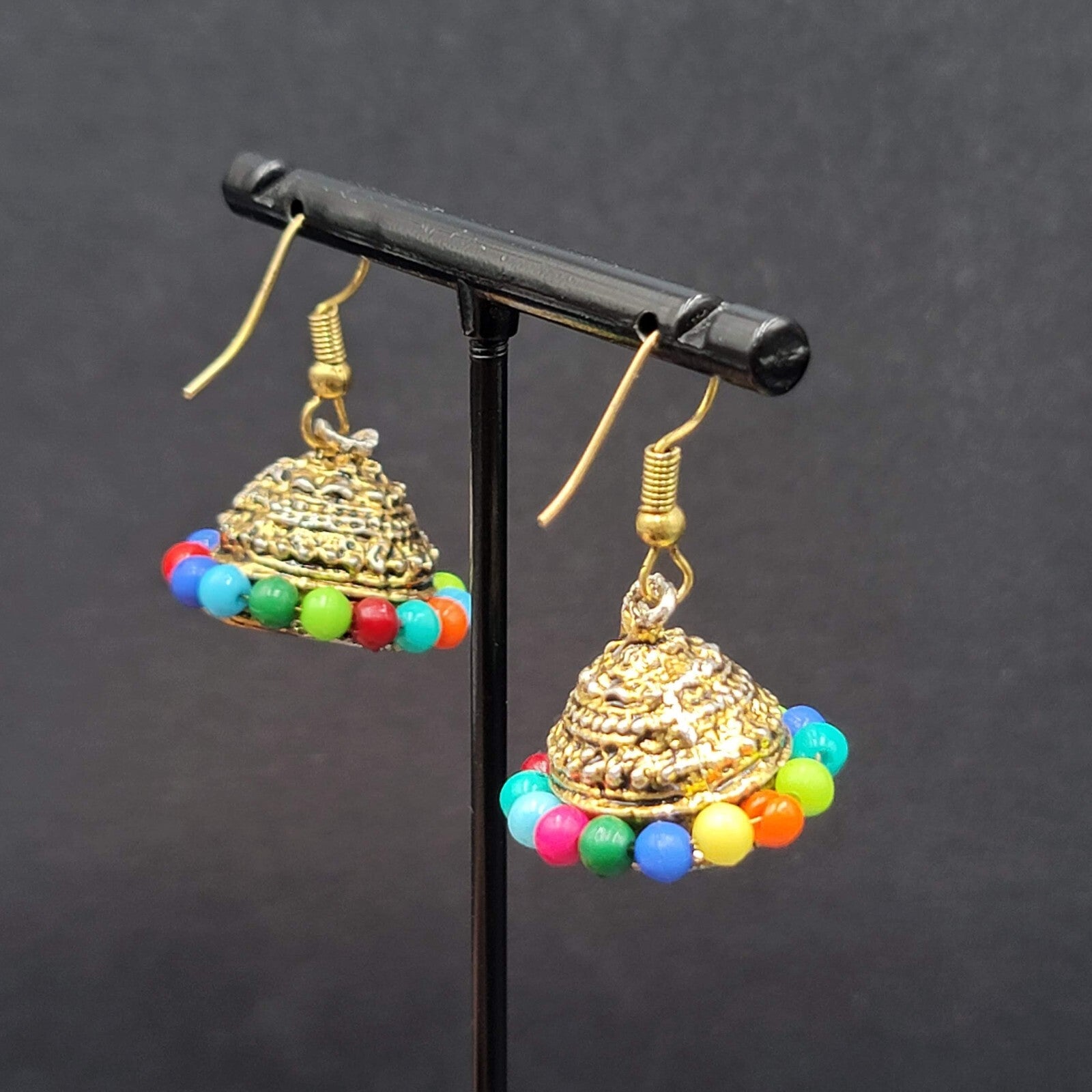 Vintage Pierced Earrings Bohemian Gold tone Multicolor Bead Dangle 3/4"