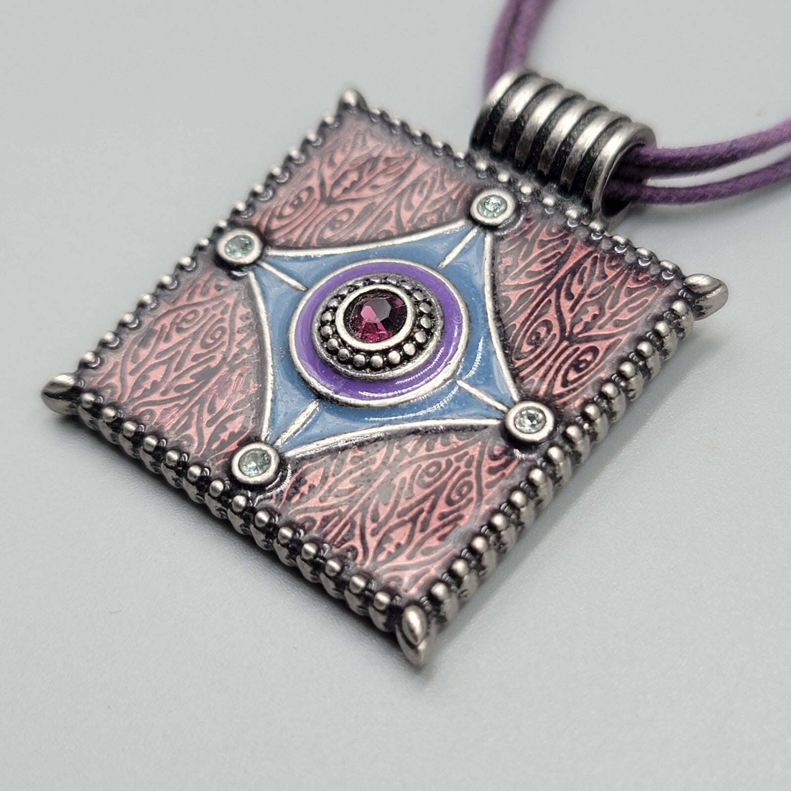 Lia Sophia Necklace Purple Cord Square Enamel Pendant Rhinestone  16"-19"