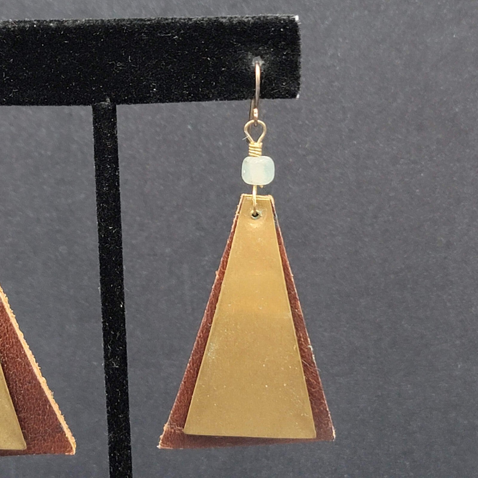 Vintage Artisan Pierced Earrings Leather And Brass Triangle Dangle  2.5"