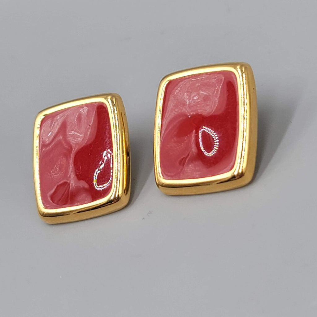 Vintage Monet Pierced Earrings Red Enamel Gold Plated Rectangle Drop 7/8"