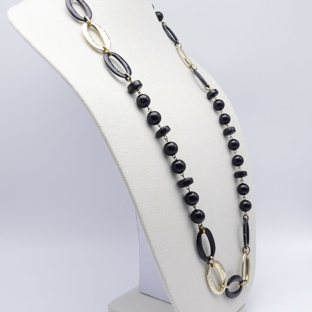 Vintage Necklace Black and Gold tone Bead Statement Estate Costume Jewelry 36"