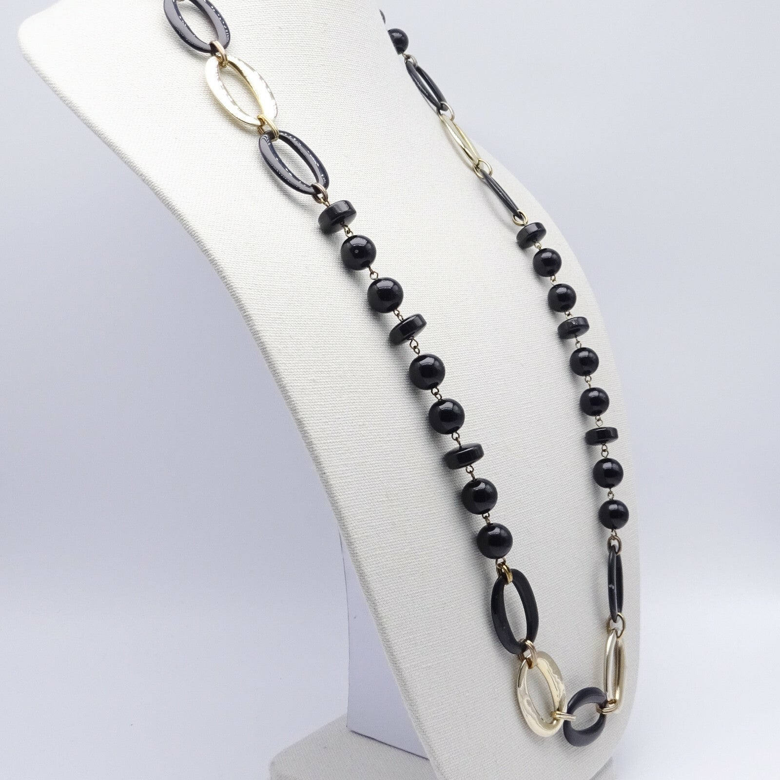 Vintage Necklace Black and Gold tone Bead Statement Estate Costume Jewelry 36"