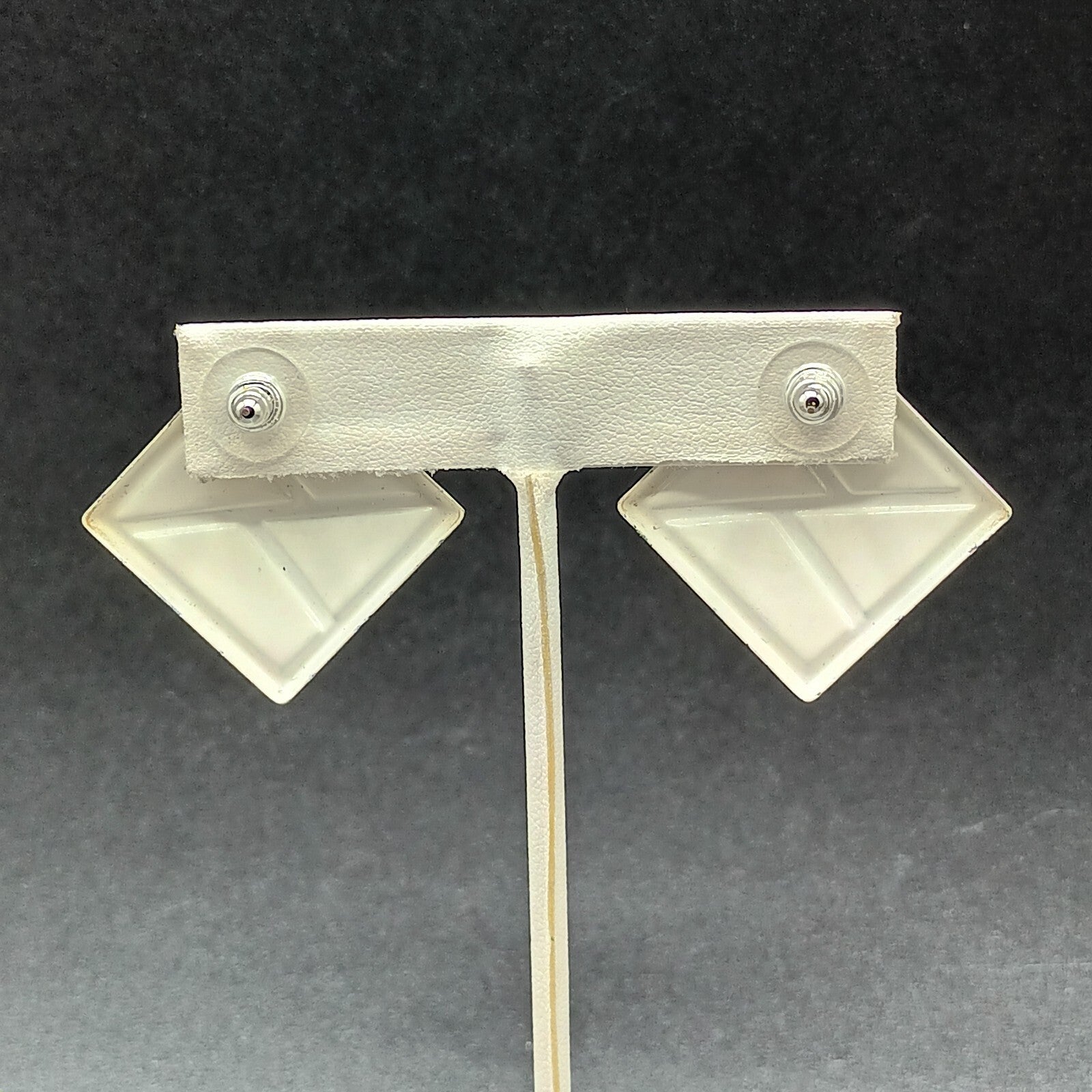 Vintage Pierced Earrings White Blue Enamel Geometric Drop 1 3/8"
