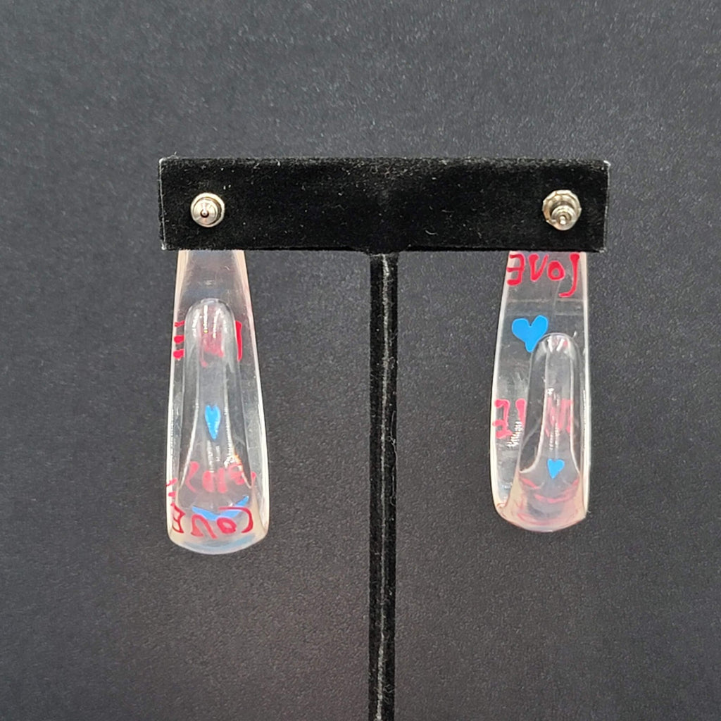 Pierced Earrings Clear Acrylic Large Hoops LOVE HEARTS 2"