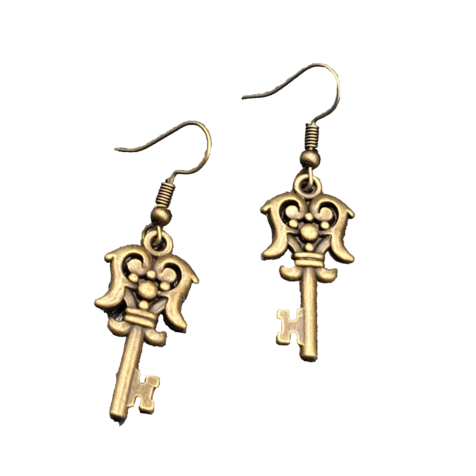 Fancy Skeleton Key Pierced Earrings Bronze tone Dangle NEW  1 1/8"