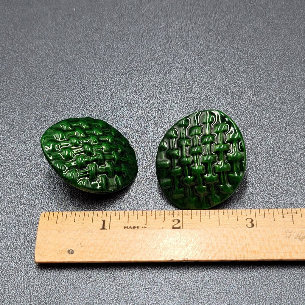 Vintage Pierced Earrings Dark Green Weave Pattern  1.5"