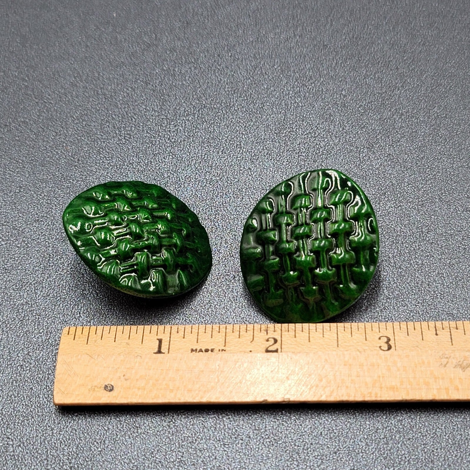 Vintage Pierced Earrings Dark Green Weave Pattern  1.5"