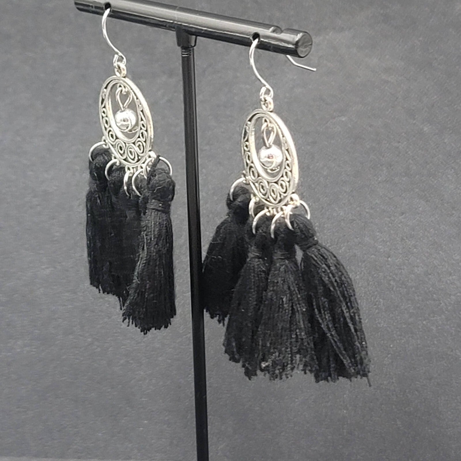 Pierced Earrings Silver tone Black String Tassel Dangle 2.25"