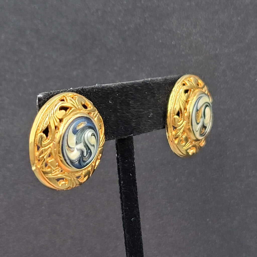 Vintage Pierced Earrings Gold Plated Blue Swirl Enamel Round Drop 1"