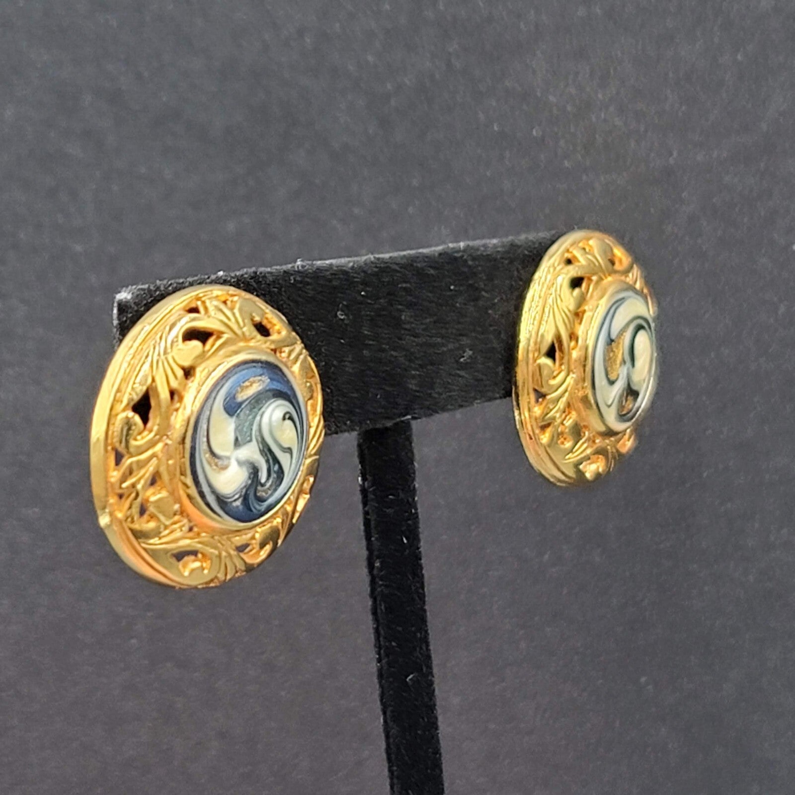 Vintage Pierced Earrings Gold Plated Blue Swirl Enamel Round Drop 1"