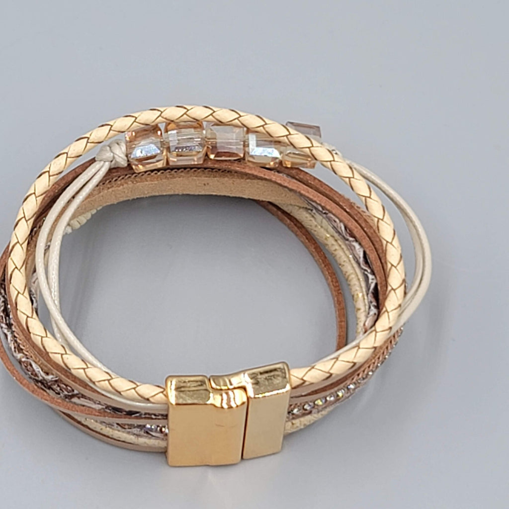 Wrap Bracelet Gold tone Tan Faux Leather Feather Charm Crystal Beads 6.5"