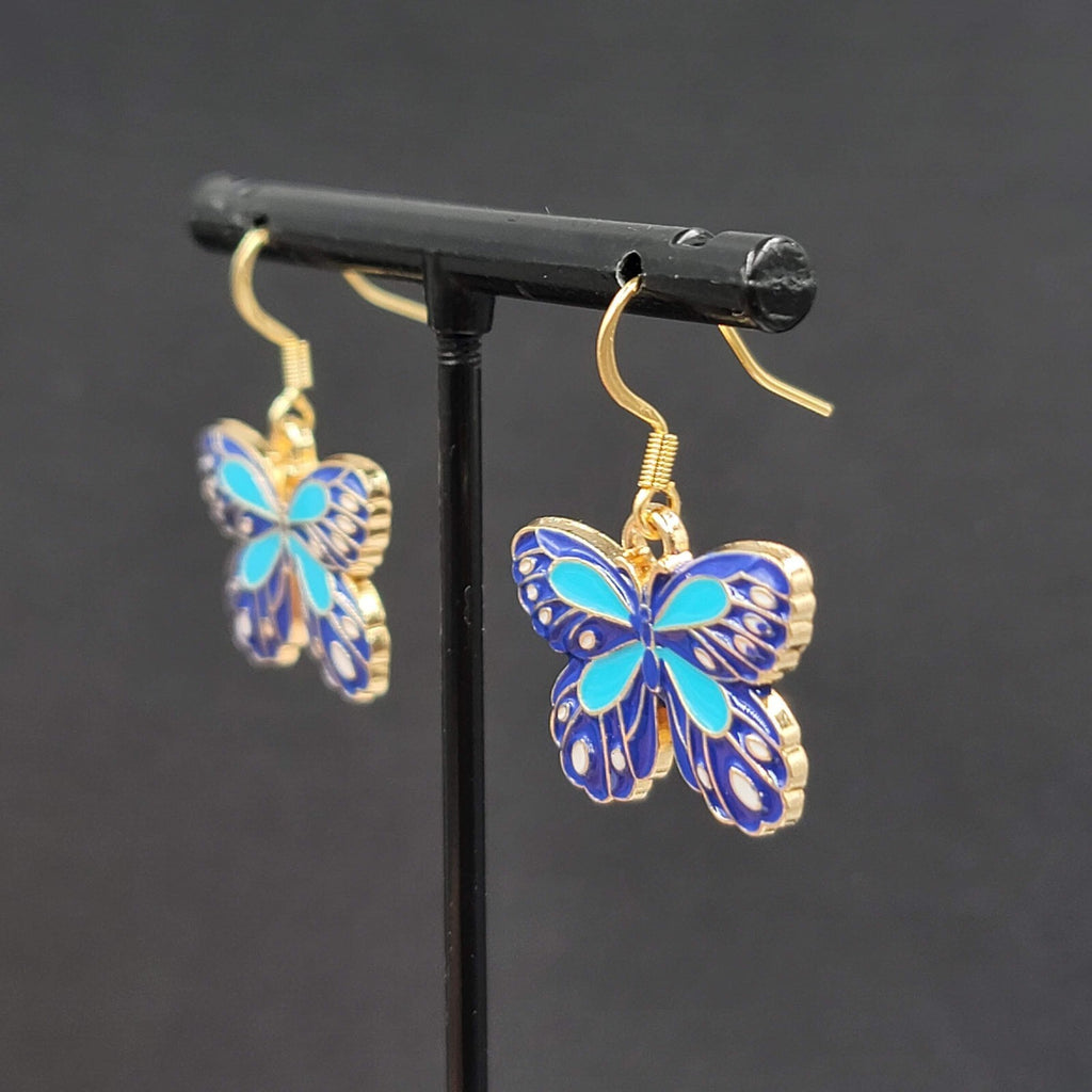 Blue Moth Enamel Pierced Earrings Gold tone Dangle Butterfly 3/4"