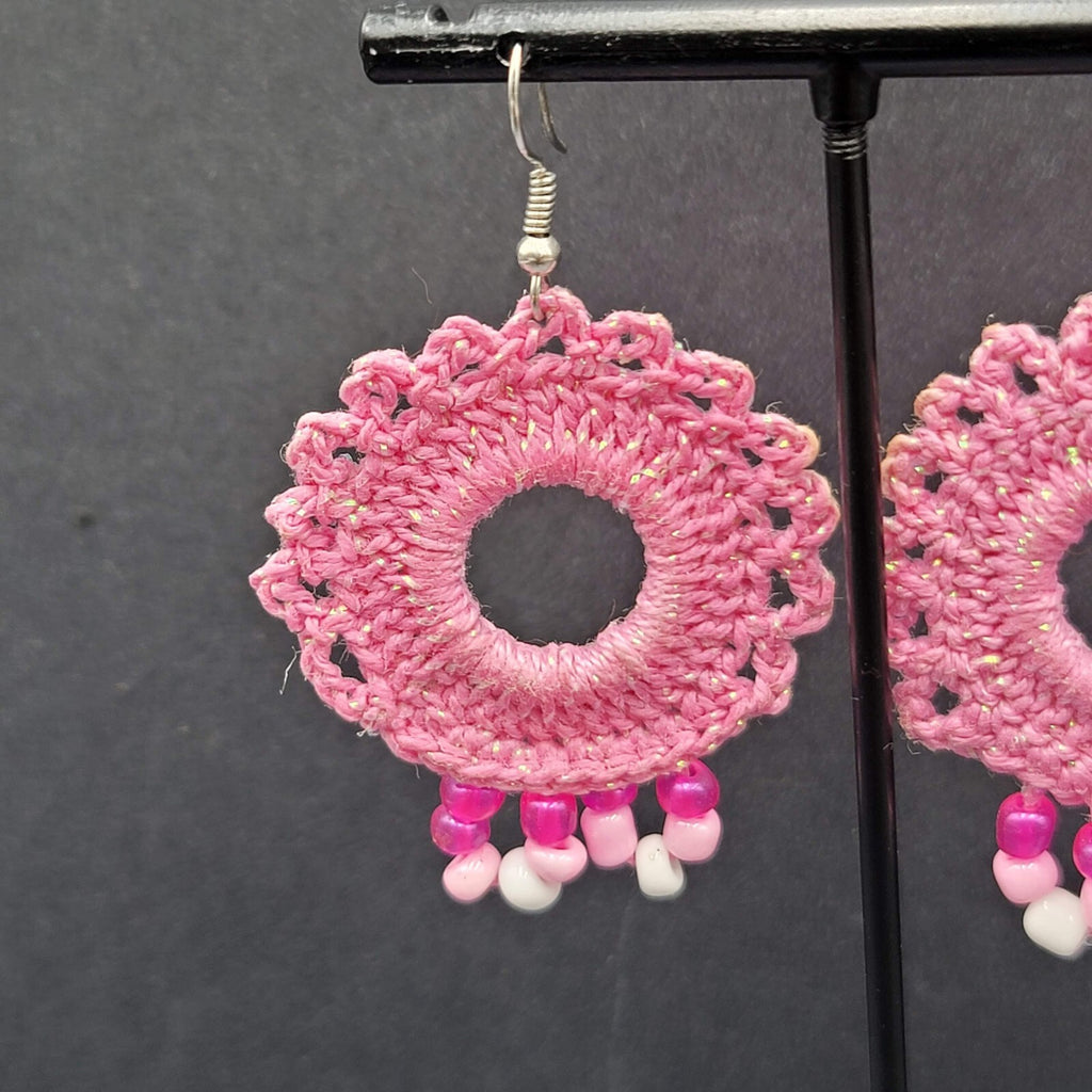 Pierced Earrings Pink Crochet Bead Dangle 1 7/8"