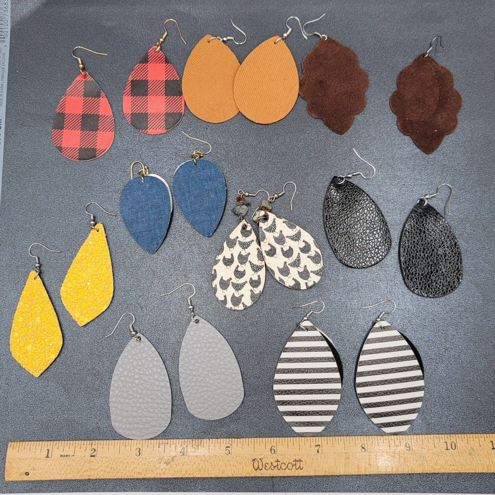 Lot of 9 Pierced Earrings Teardrop Dangle Multicolor Faux Leather Felt Denim