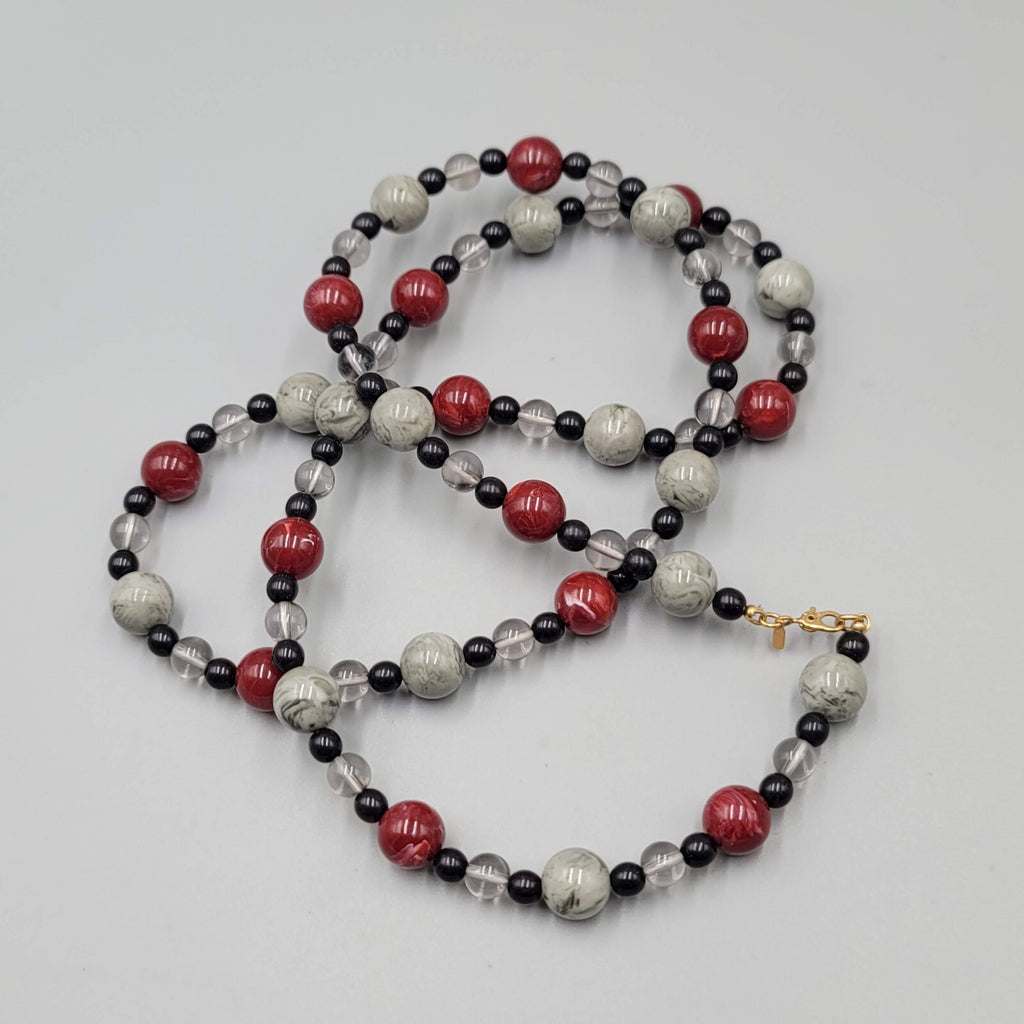 Vintage Monet Necklace Black Grey Red Plastic Beads LONG 34"