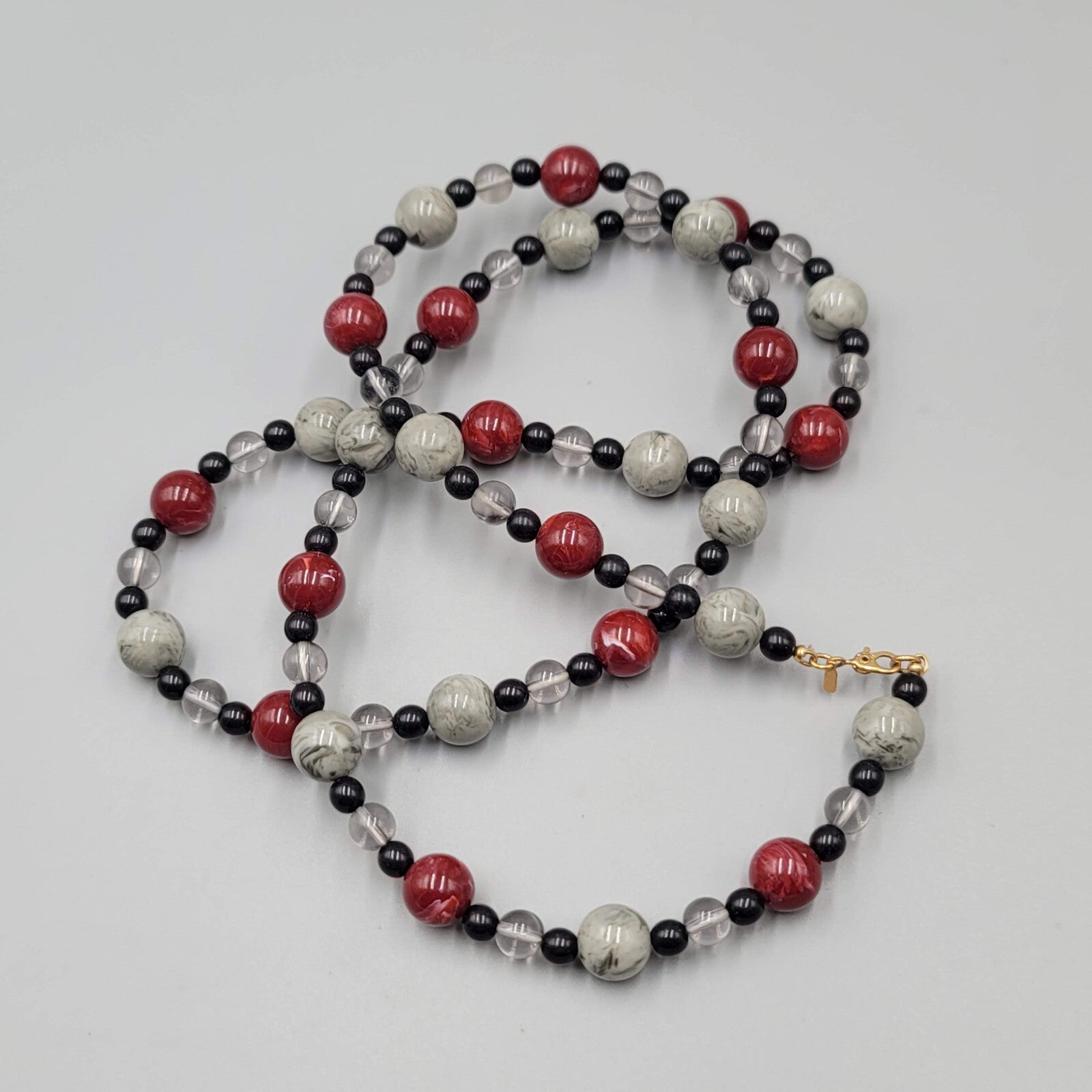 Vintage Monet Necklace Black Grey Red Plastic Beads LONG 34"