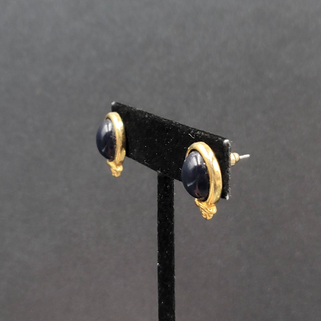 Vintage LCi Pierced Earrings Gold tone Blue Cabochon Studs 3/4"