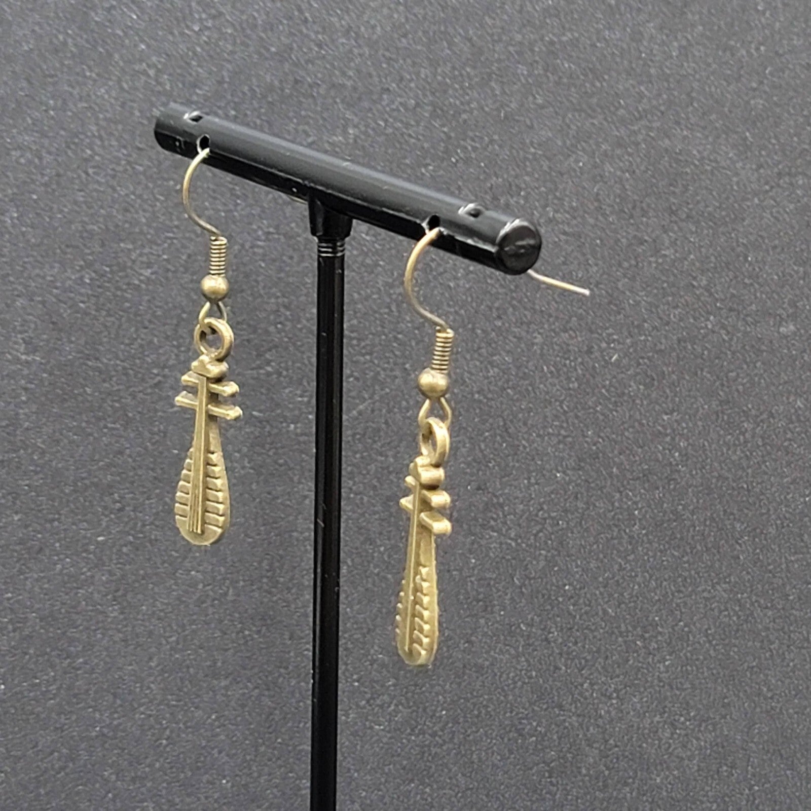 Lute Pierced Earrings Bronze tone Embossed Dangle New 1"