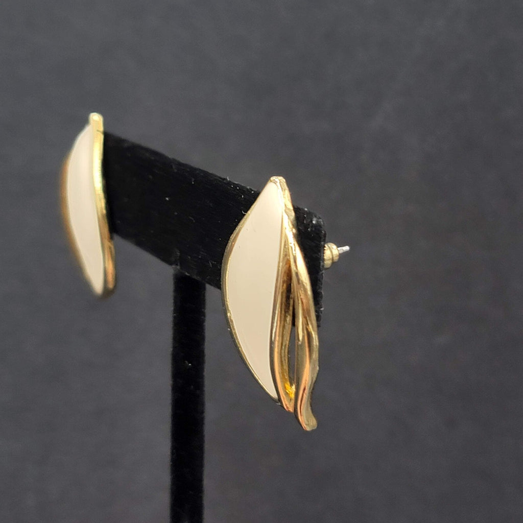 Vintage Pierced Earrings White Enamel Gold Plated Drop 1.25"
