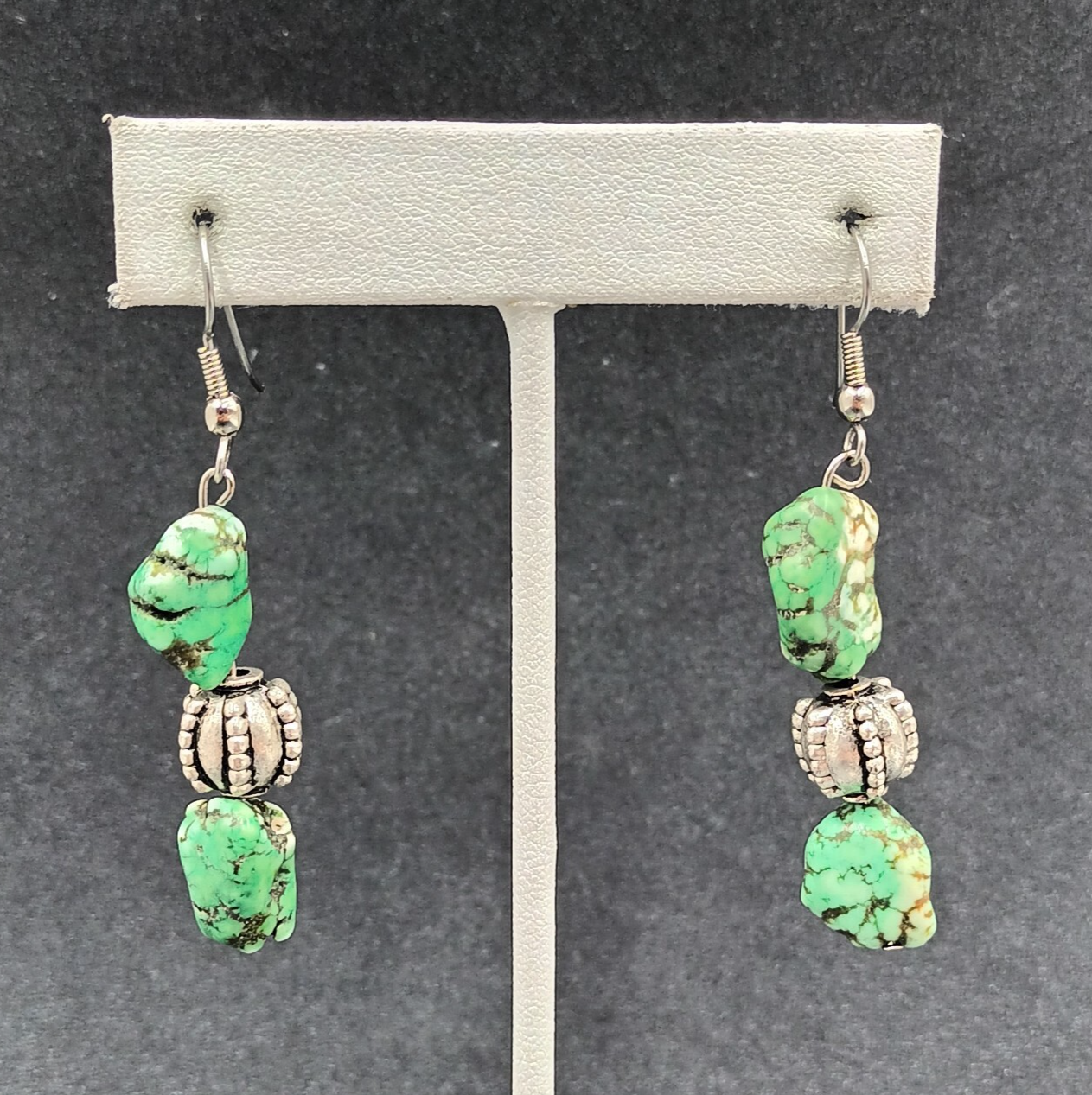 Pierced Earrings Silver tone Green Howlite Stone Beaded Statement Dangle 1 3/4"