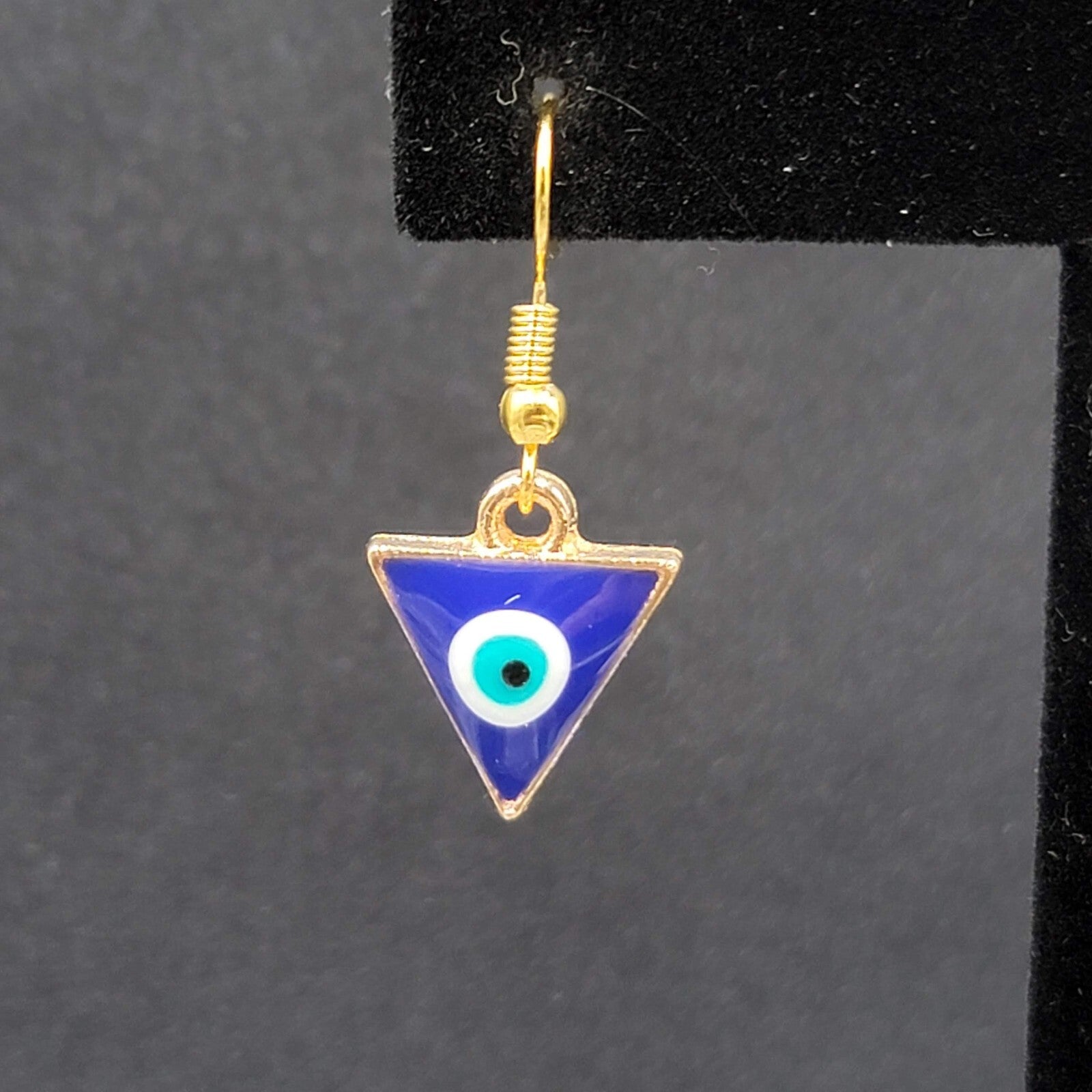 Pierced Earrings Gold tone Enamel Evil Eye Triangle Dangle 5/8"
