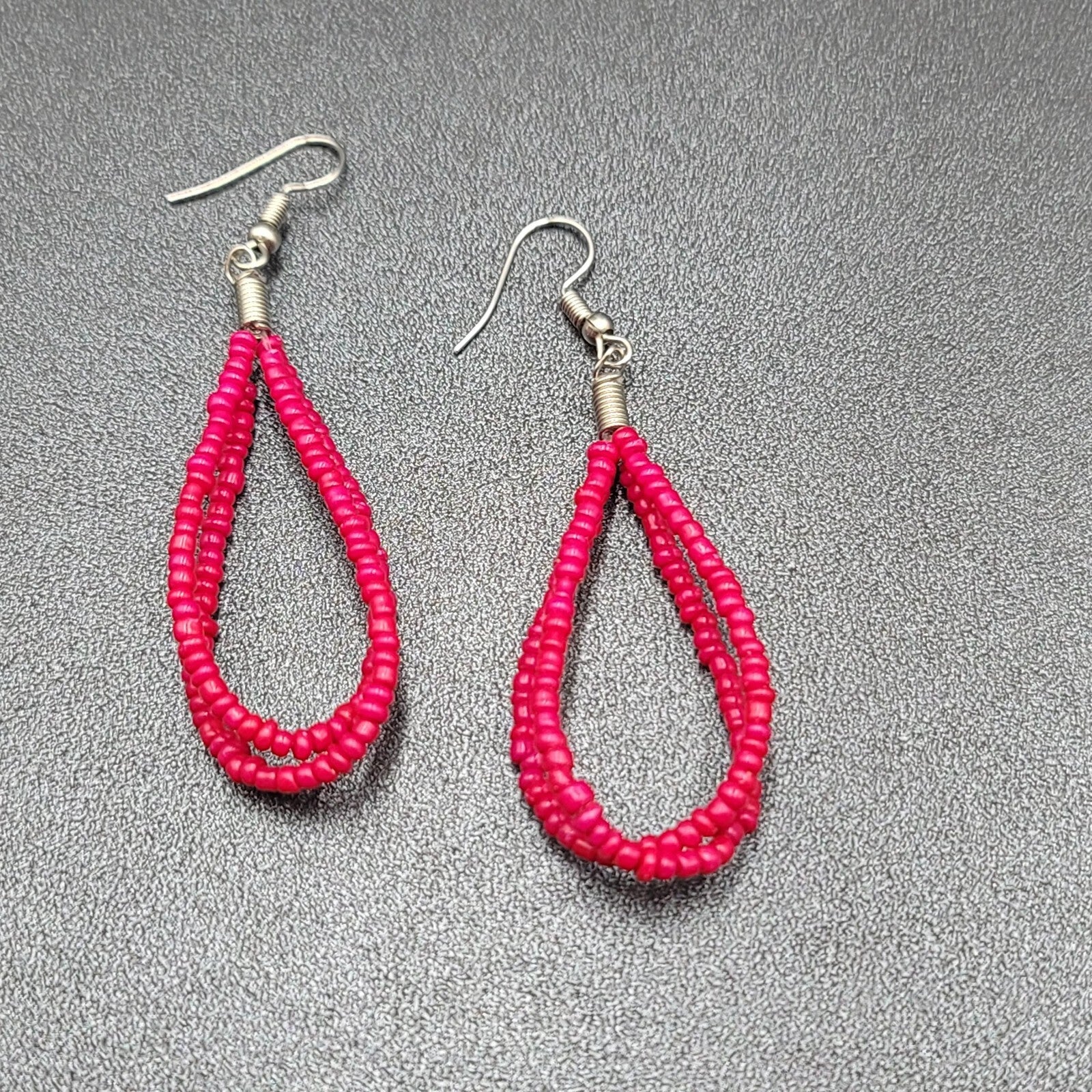 Pierced Earrings Red Seed Beaded Double Loops Dangle 2"