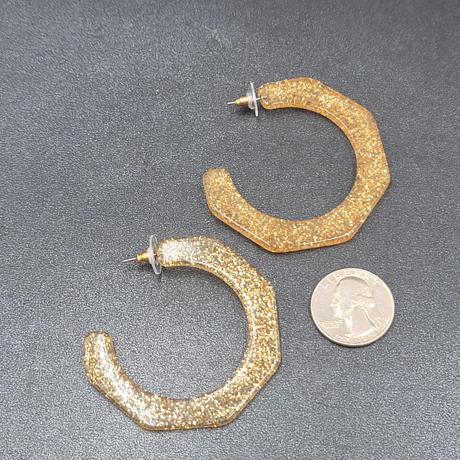 Pierced Earrings Gold Glitter Acrylic Large Hoops Dangle 2"