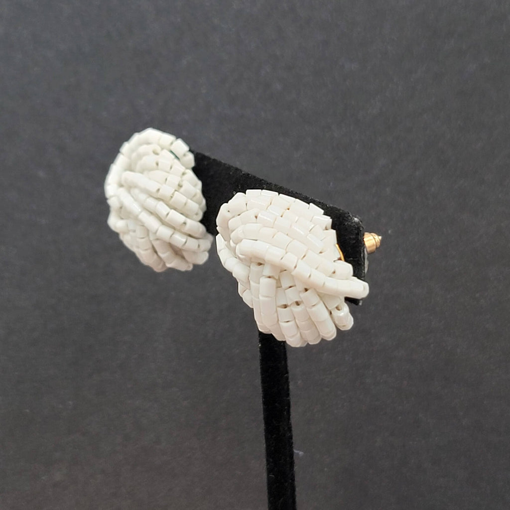 Vintage Pierced Earrings White Seed Beads Knot Estate Jewelry 1"