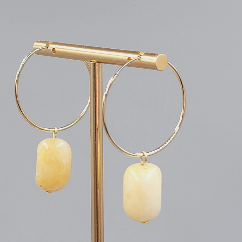 Agate Stone Bead Pierced Earrings Gold tone Hoops 2"