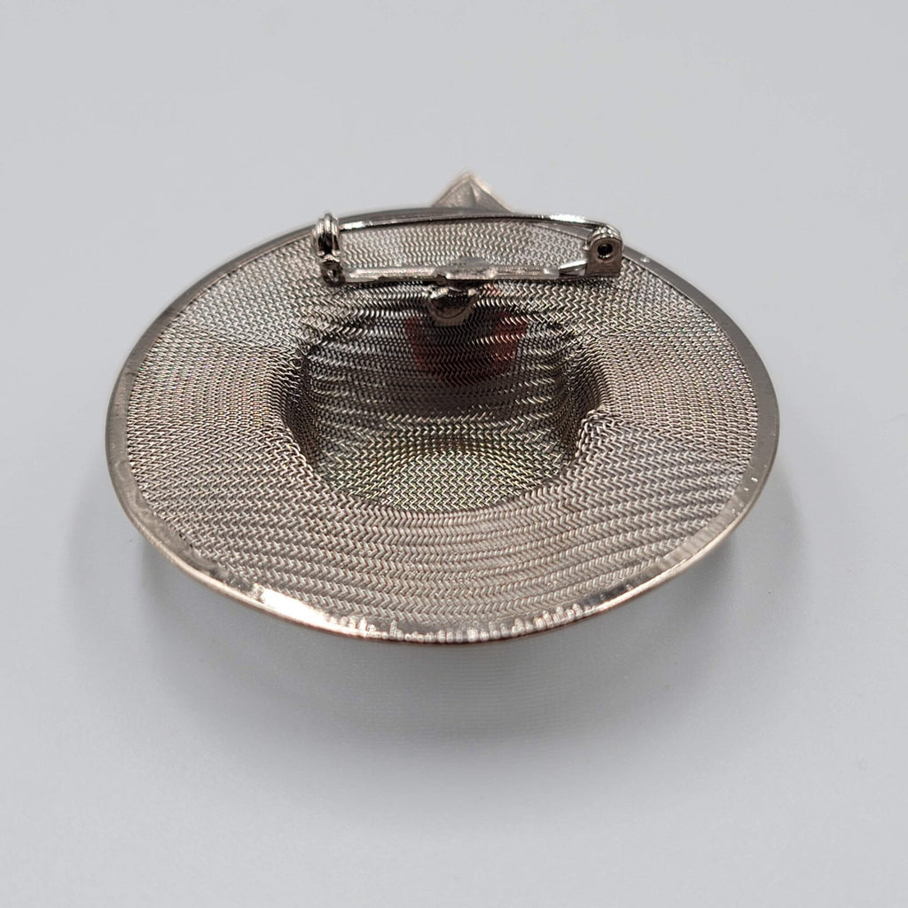 Vintage Gray Metallic Mesh Hat Leaf Faux Pearl Pin Brooch Silver tone Red Rose