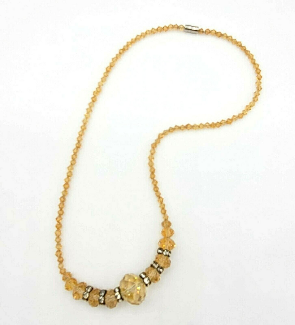 Yellow Crystal Necklace Single Strand Glass Bead Sparkly 19" Magnet Clasp