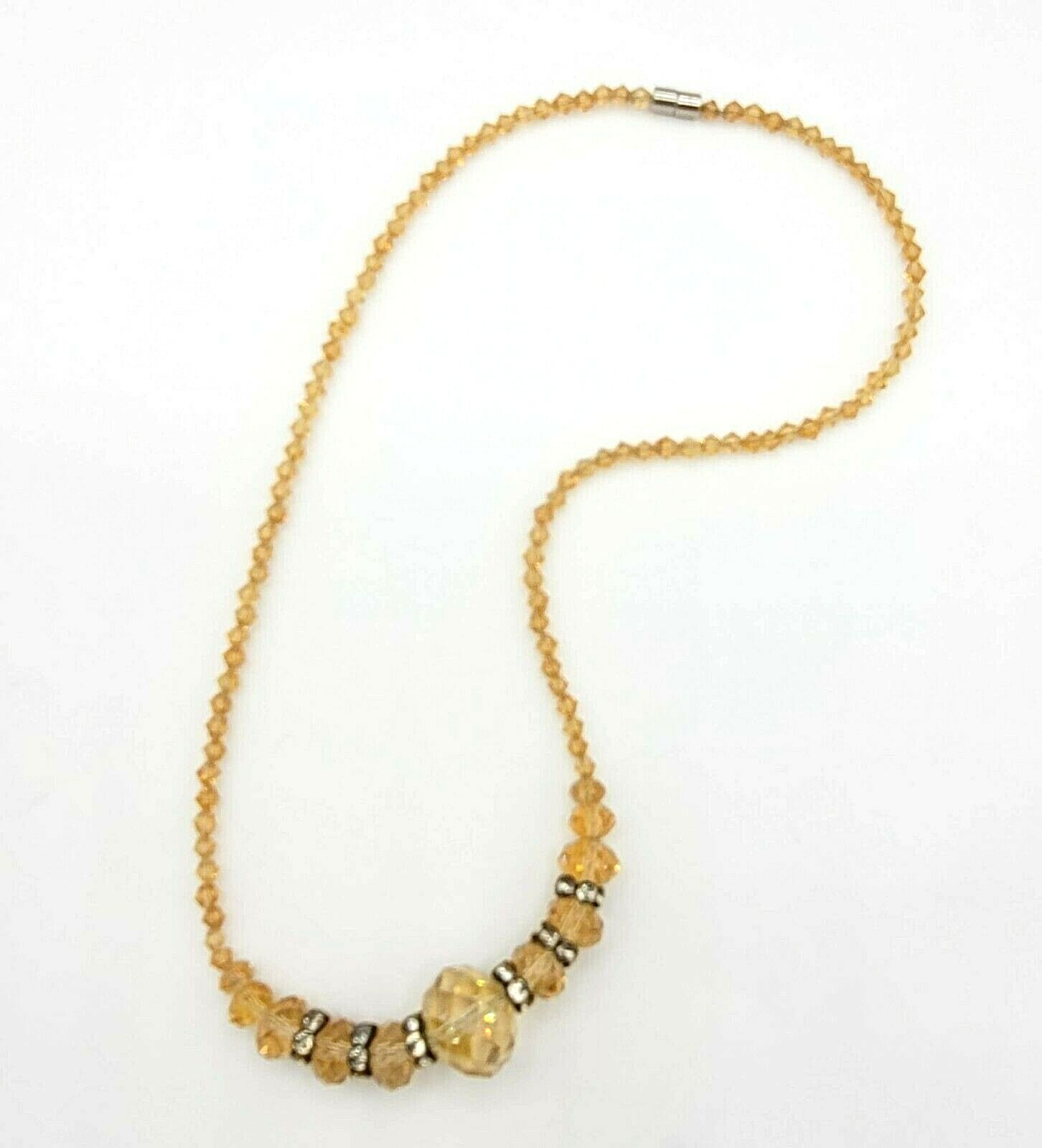 Yellow Crystal Necklace Single Strand Glass Bead Sparkly 19" Magnet Clasp
