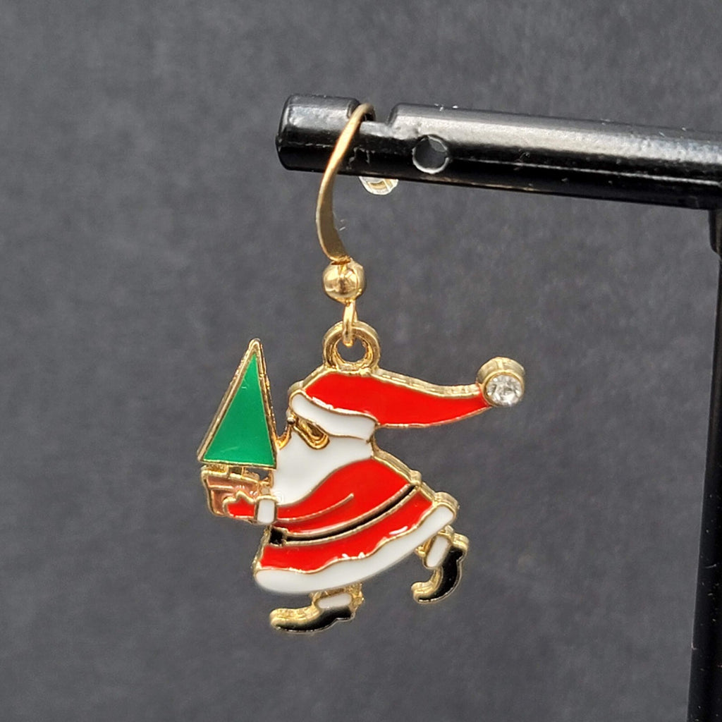 Christmas Pierced Earrings Santa Claus Gold tone Enamel Dangle 1"