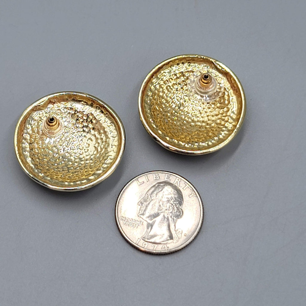 Vintage Pierced Earrings Gold tone Gray Enamel Round Statement Drop 1 1/8"