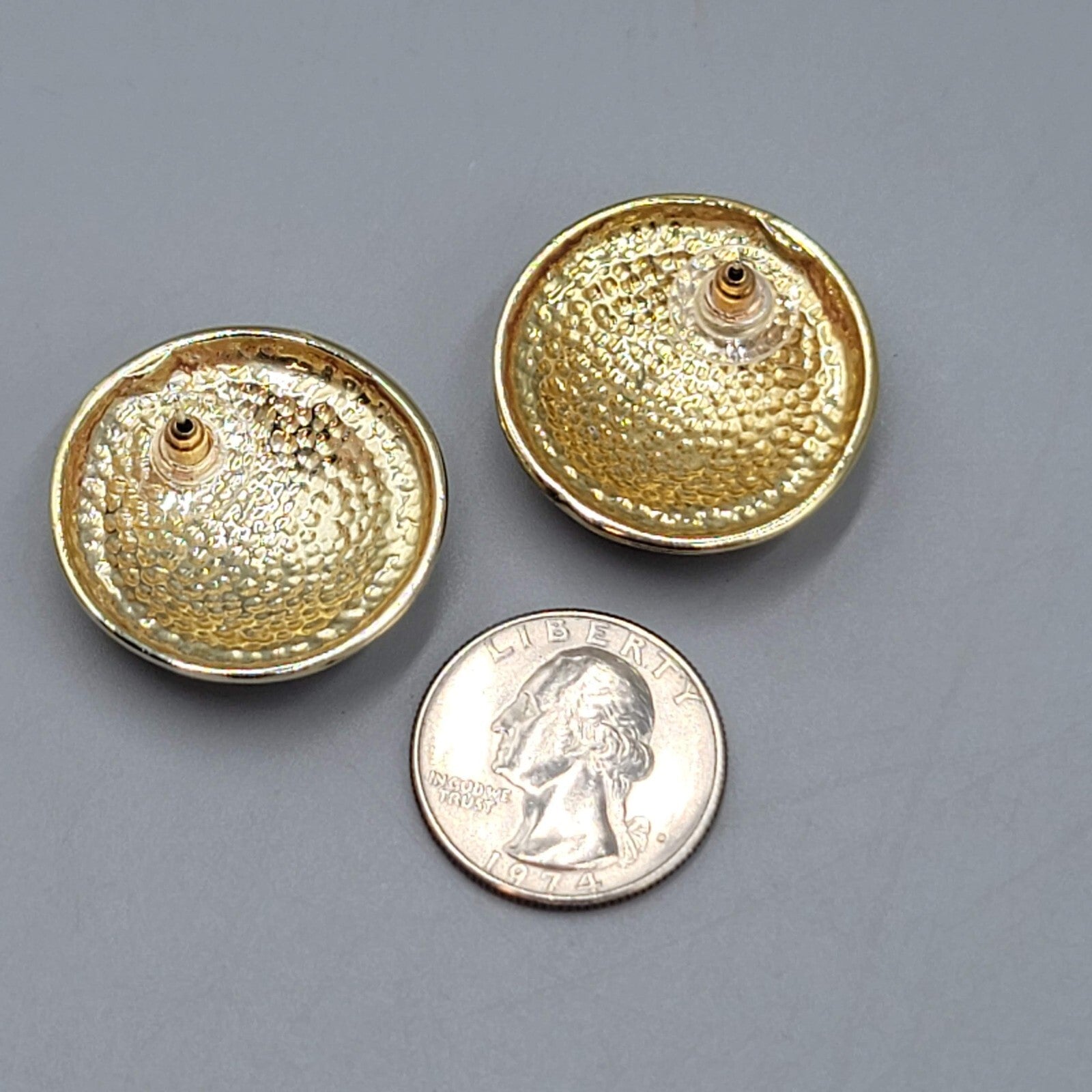 Vintage Pierced Earrings Gold tone Gray Enamel Round Statement Drop 1 1/8"