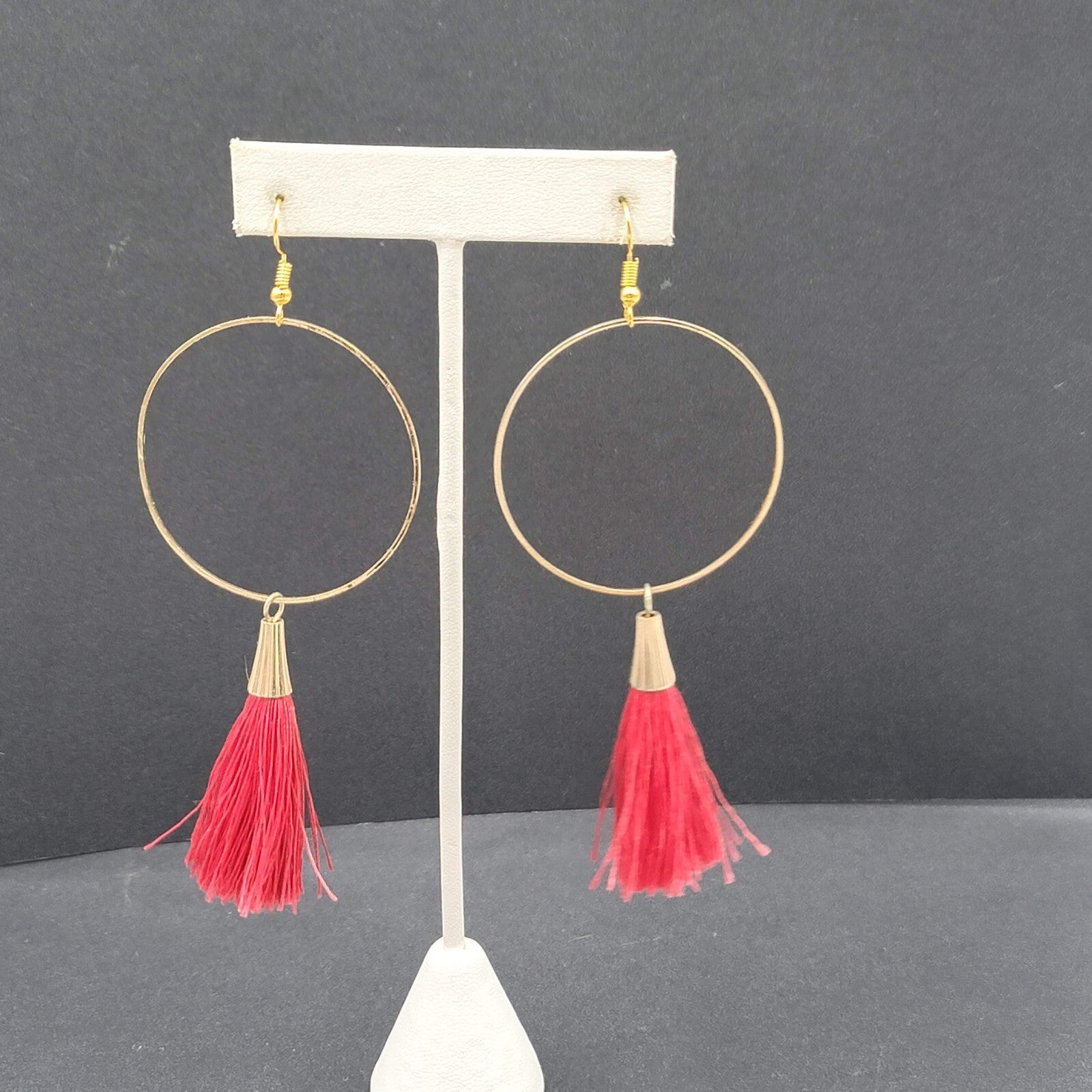 Pierced Earrings Gold tone Red Tassel Statement Dangle 3.5"
