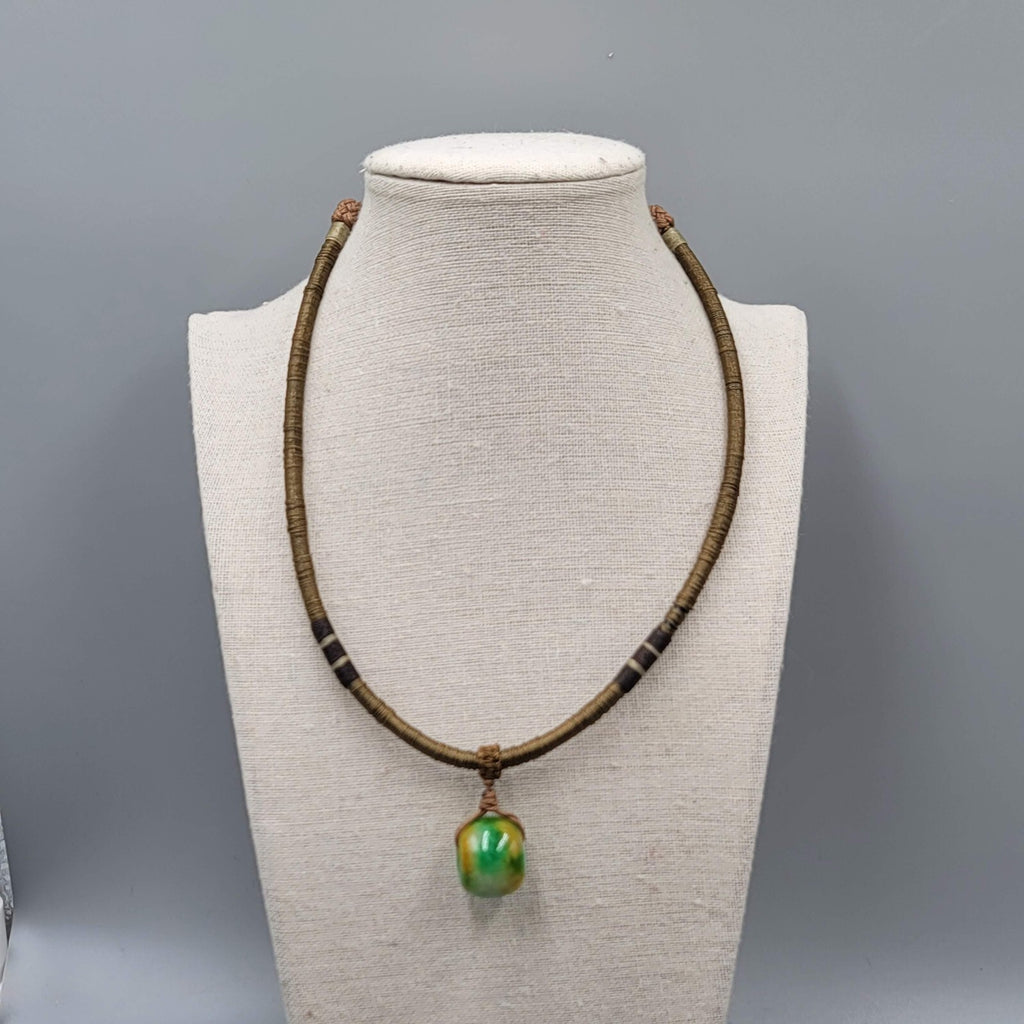 Artisan Green Yellow Stone  Bead Pendant Boho Necklace Adjustable Thread Wrapped
