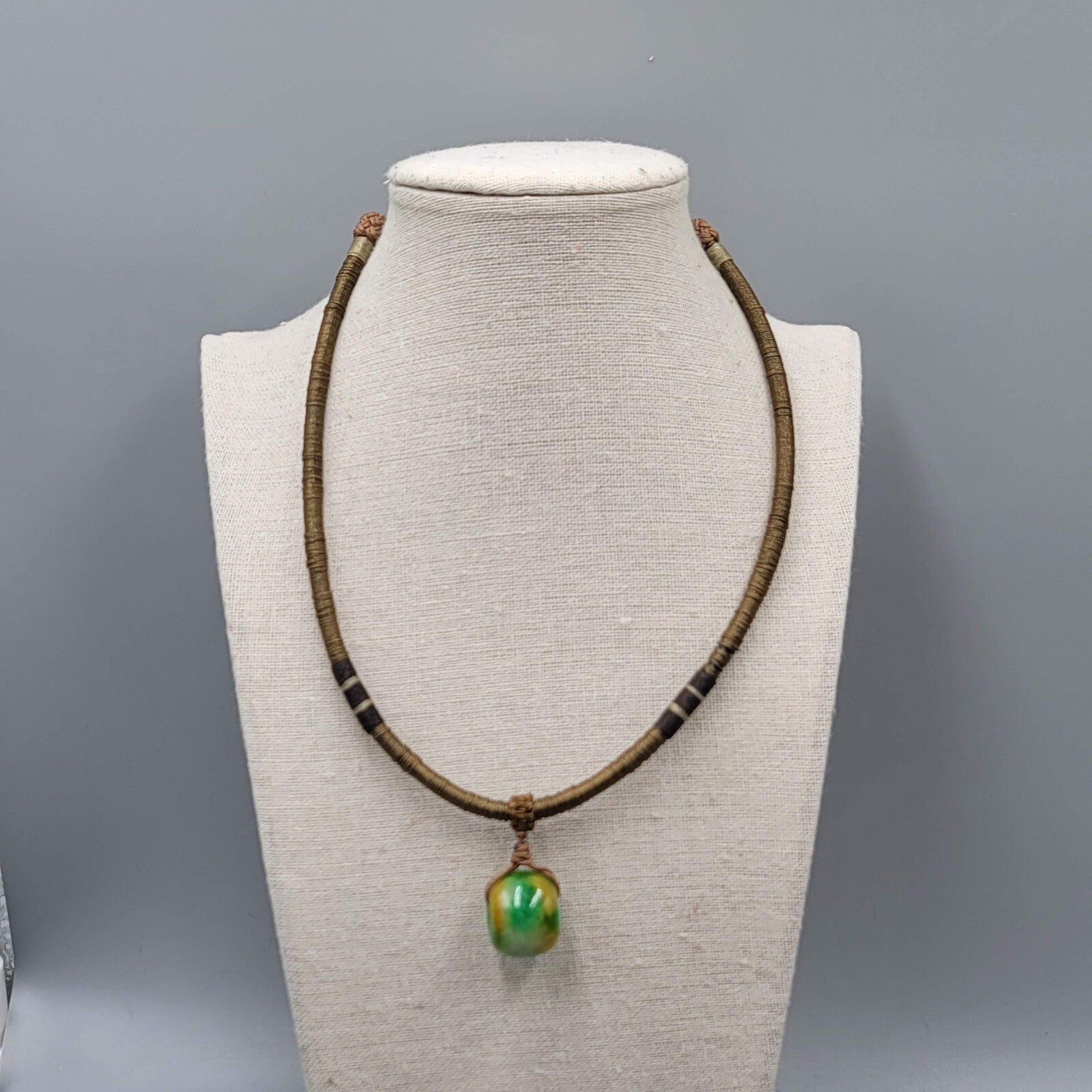 Artisan Green Yellow Stone  Bead Pendant Boho Necklace Adjustable Thread Wrapped