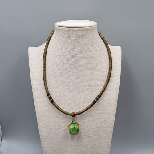 Artisan Green Yellow Stone  Bead Pendant Boho Necklace Adjustable Thread Wrapped