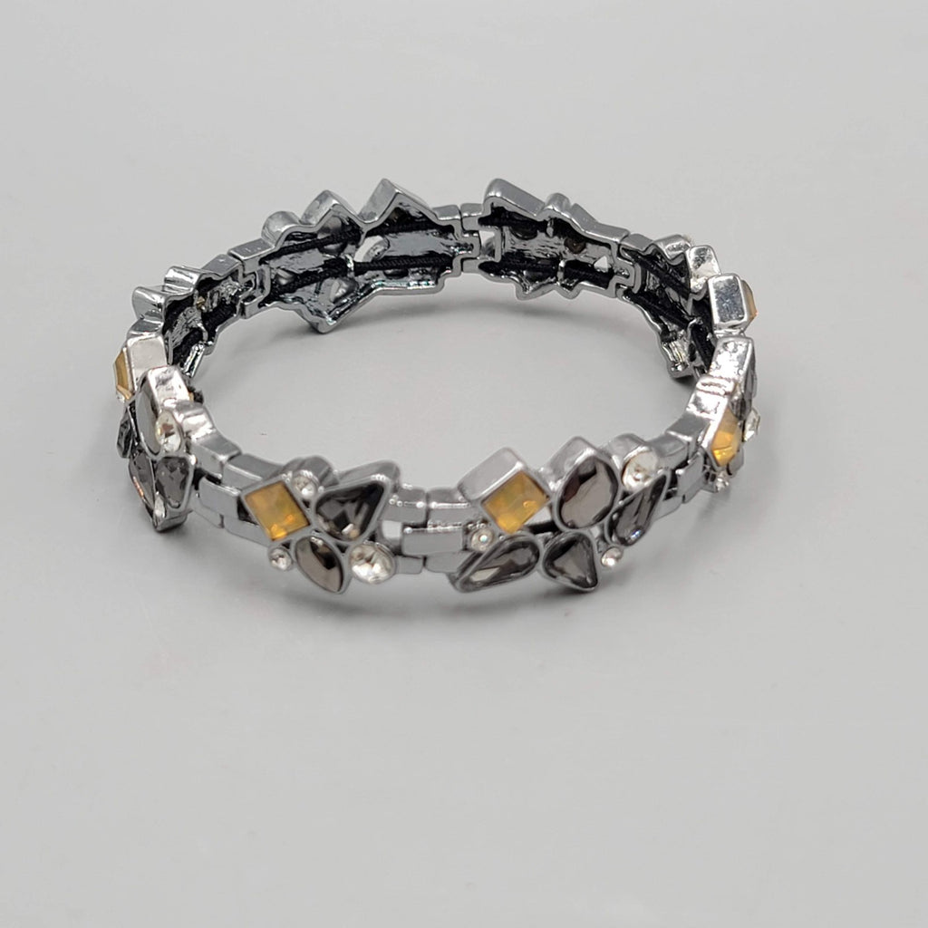 Black Yellow Rhinestone Bracelet Gun Metal Gray Metal Elastic 7"