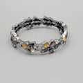 Black Yellow Rhinestone Bracelet Gun Metal Gray Metal Elastic 7"