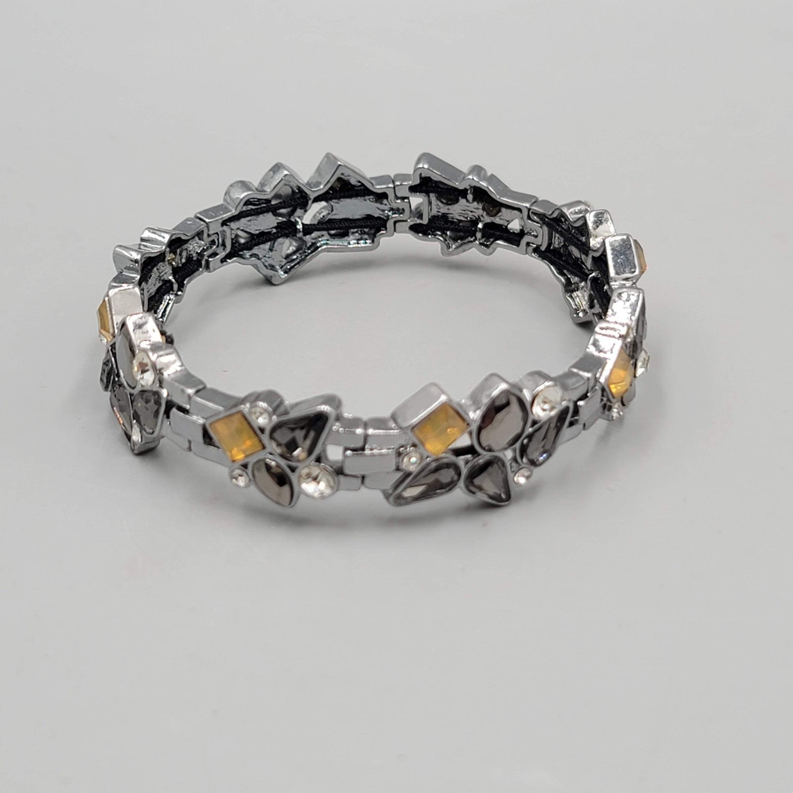 Black Yellow Rhinestone Bracelet Gun Metal Gray Metal Elastic 7"