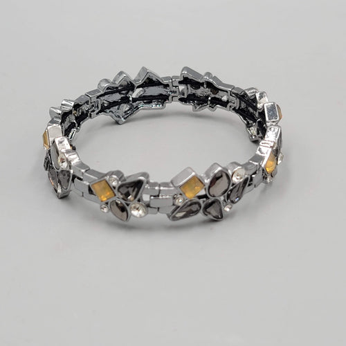 Black Yellow Rhinestone Bracelet Gun Metal Gray Metal Elastic 7"