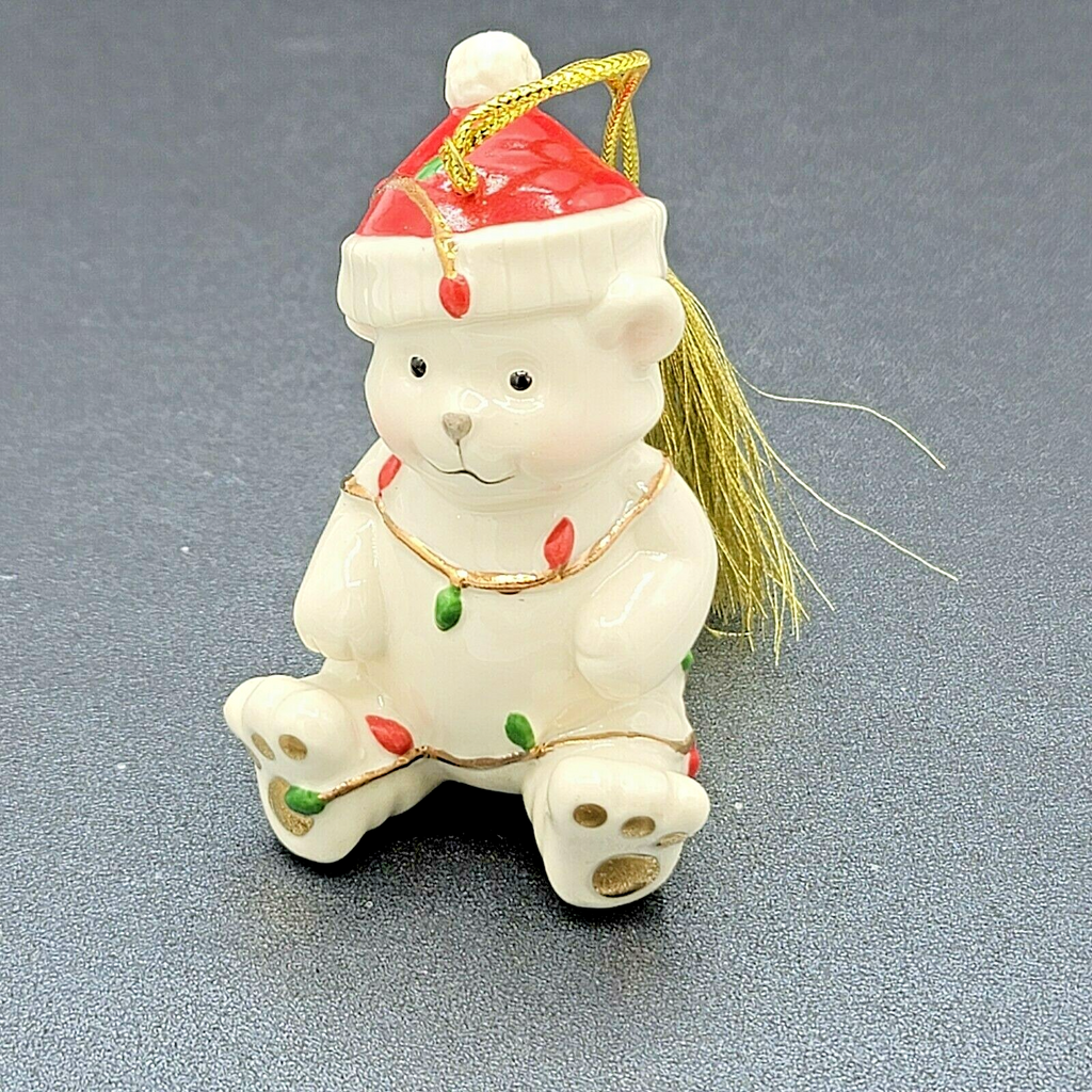 Lenox Porcelain Santa Teddy Bear Ornament Tangled Christmas Lights 3.5" Hanging