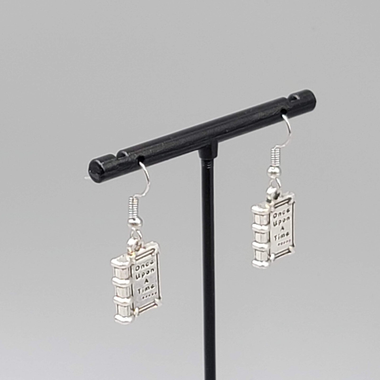 Book Pierced Earrings Once Upon a Time Silver tone Dangle NEW 5/8"