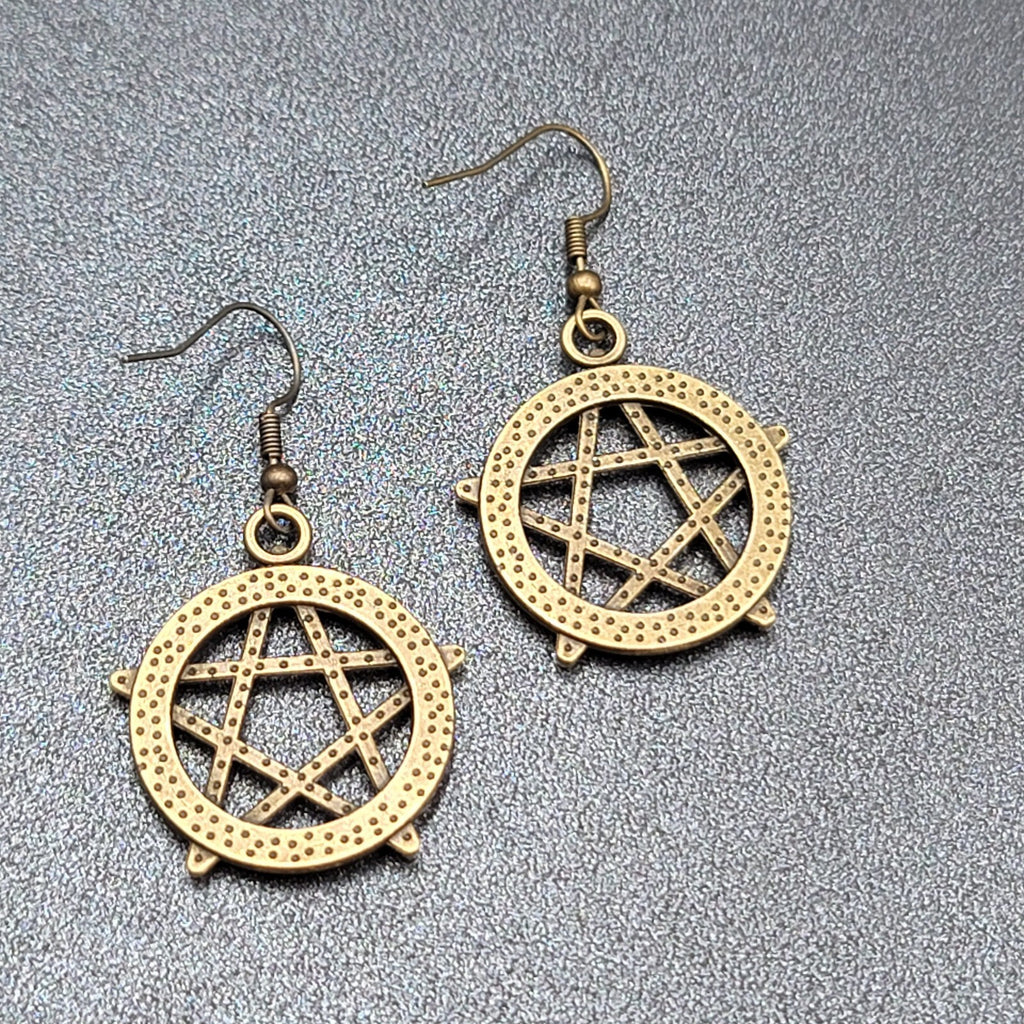 Pentacle Pierced Earrings Bronze tone Pentagram Witch Dangle 1 1/8"
