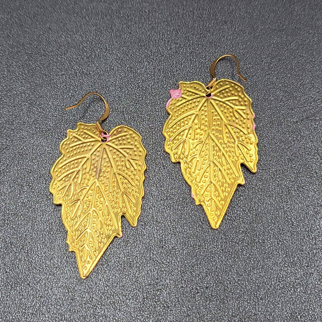 Pierced Earrings Gold tone Large Pink Dangle Leaves Statement 2"