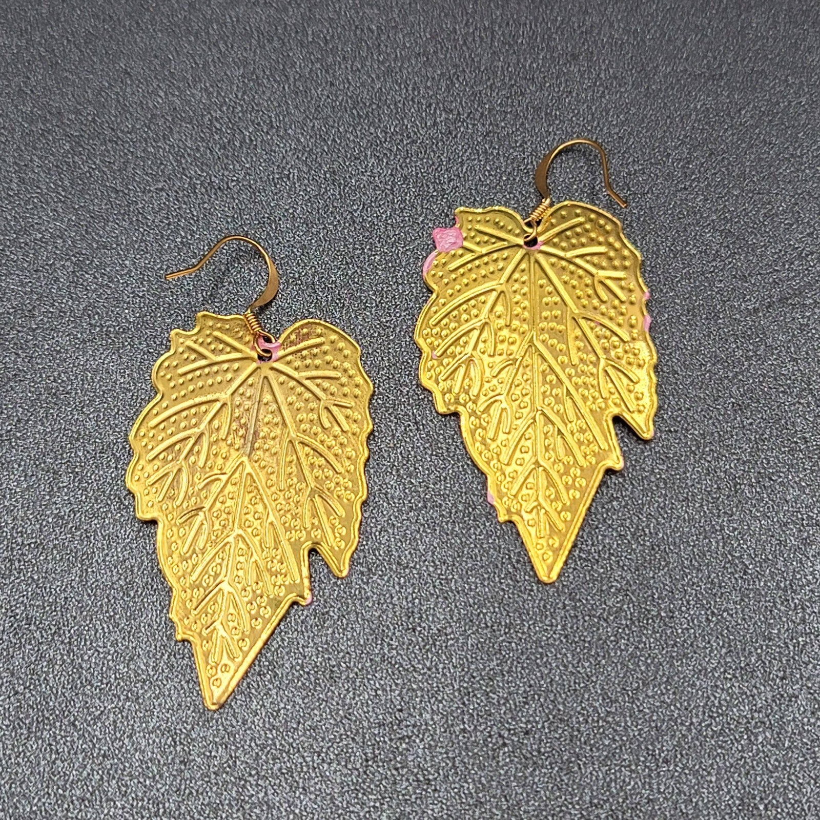 Pierced Earrings Gold tone Large Pink Dangle Leaves Statement 2"