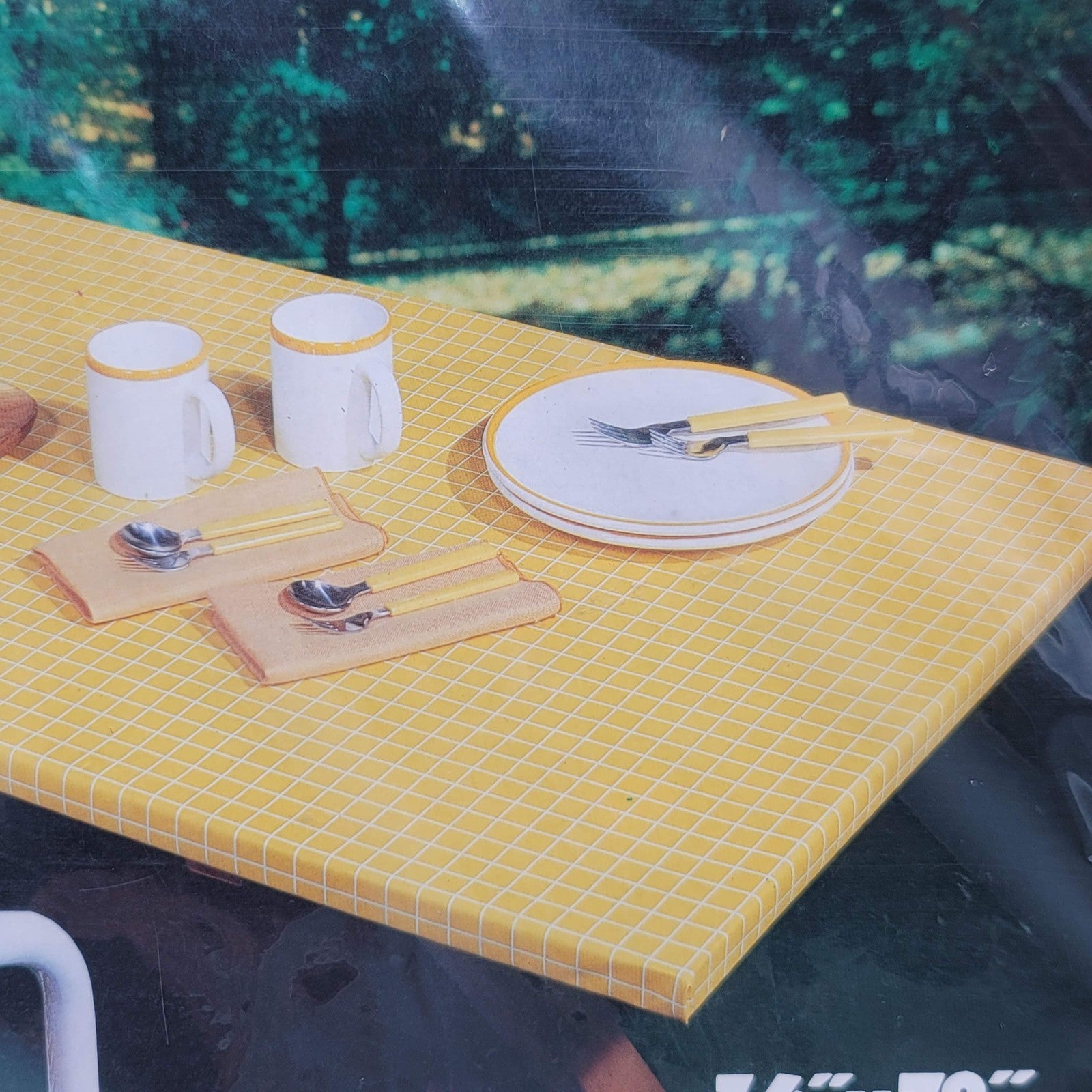 Vtg Maytex Mills Outdoor Elastic Tablecloth Yellow Vinyl  NOS 36"x78"